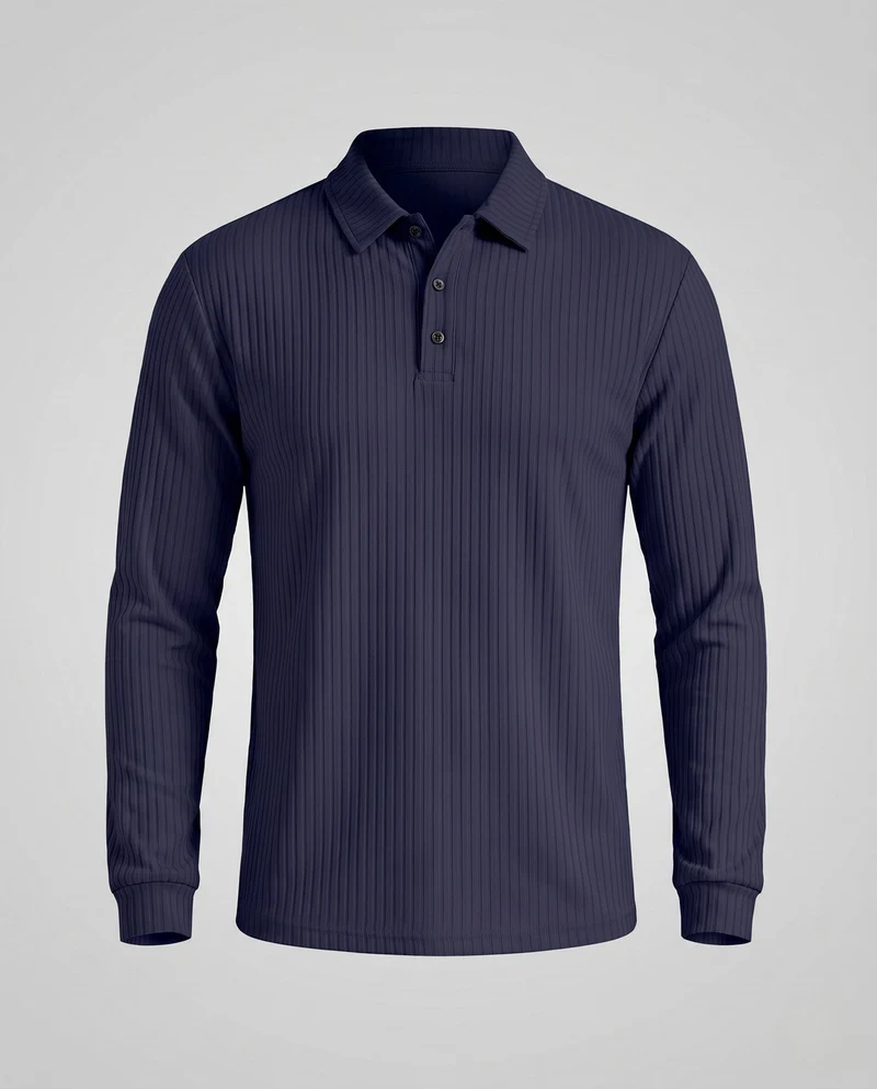 Herren Freizeit Langarm Polohemd aus feinem geripptem Jersey mit verdeckter Knopfleiste Nord Taschen