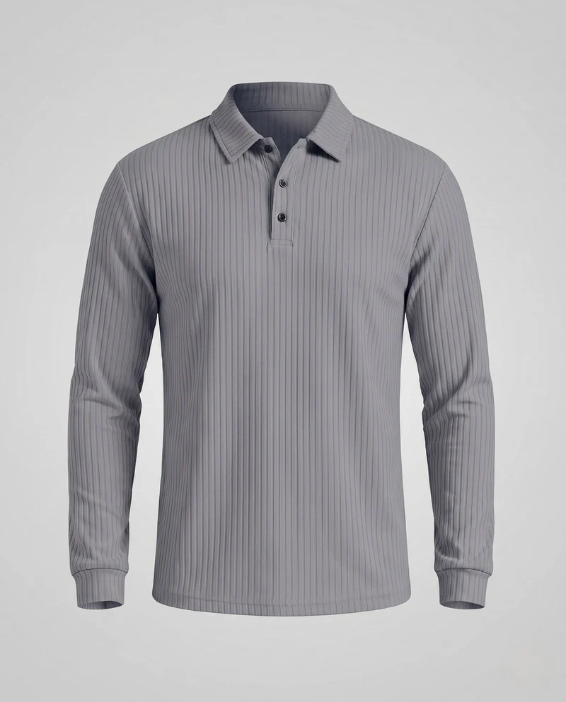 Herren Freizeit Langarm Polohemd aus feinem geripptem Jersey mit verdeckter Knopfleiste Nord Taschen