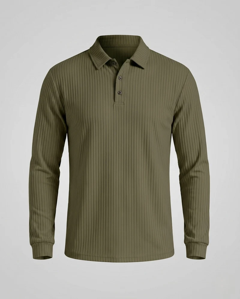 Herren Freizeit Langarm Polohemd aus feinem geripptem Jersey mit verdeckter Knopfleiste Nord Taschen