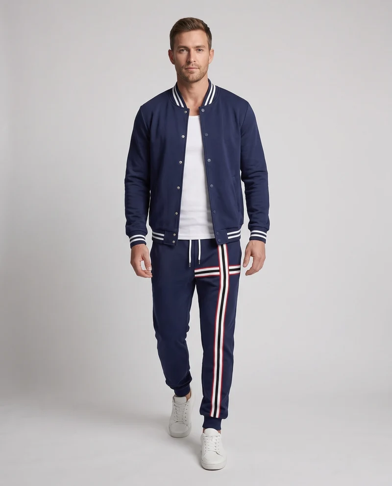 Männliches lässiges Lounge-Set mit College-Bomberjacke und gestreiften Jogginghosen Nord Taschen