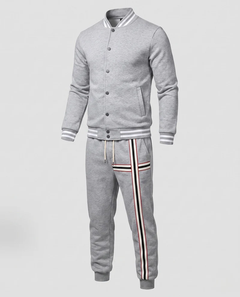 Männliches lässiges Lounge-Set mit College-Bomberjacke und gestreiften Jogginghosen Nord Taschen