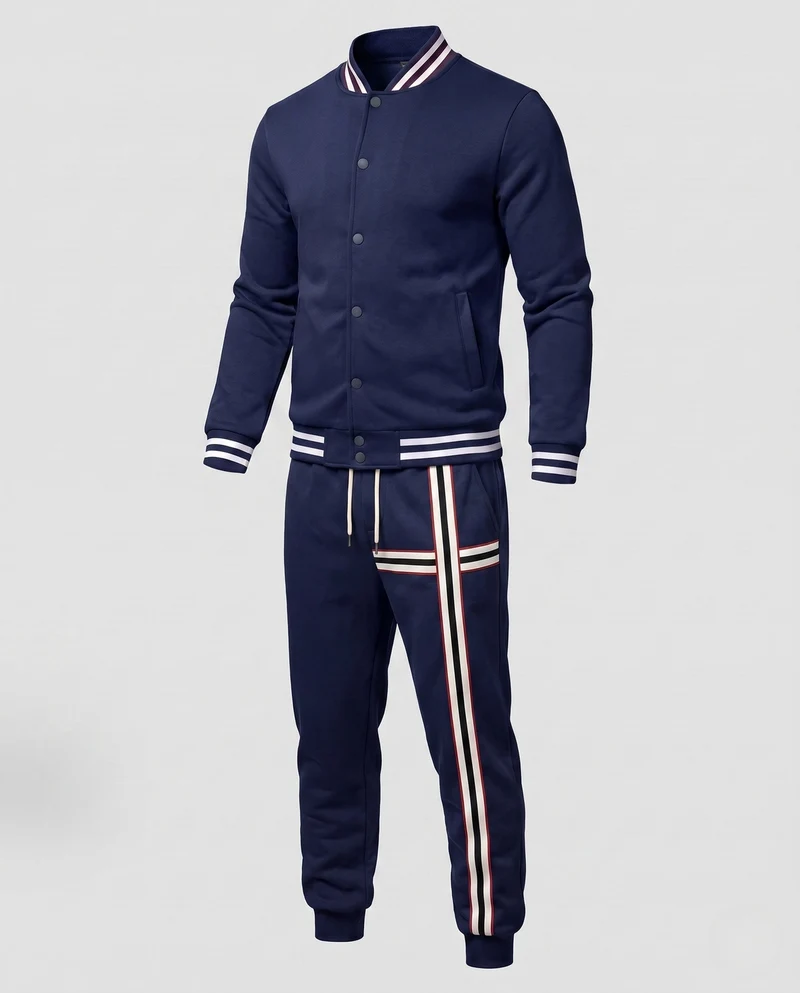 Männliches lässiges Lounge-Set mit College-Bomberjacke und gestreiften Jogginghosen Nord Taschen