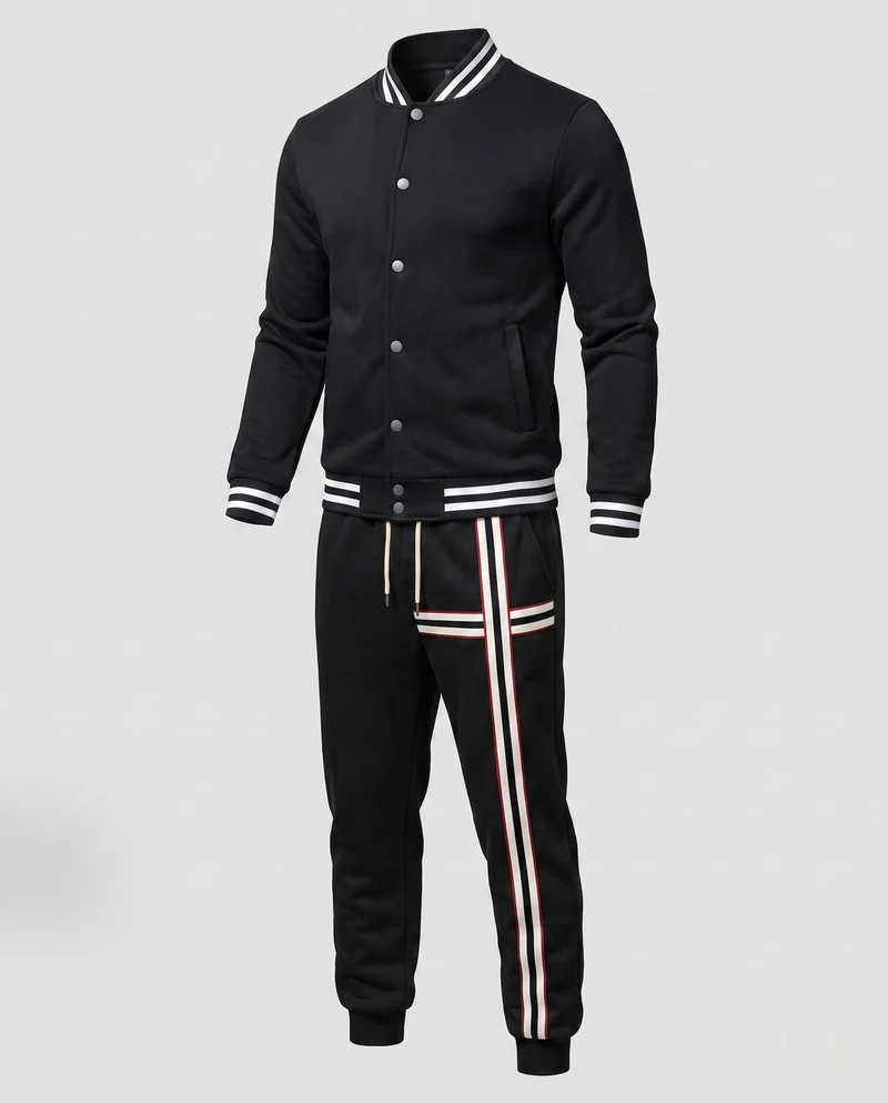 Männliches lässiges Lounge-Set mit College-Bomberjacke und gestreiften Jogginghosen Nord Taschen
