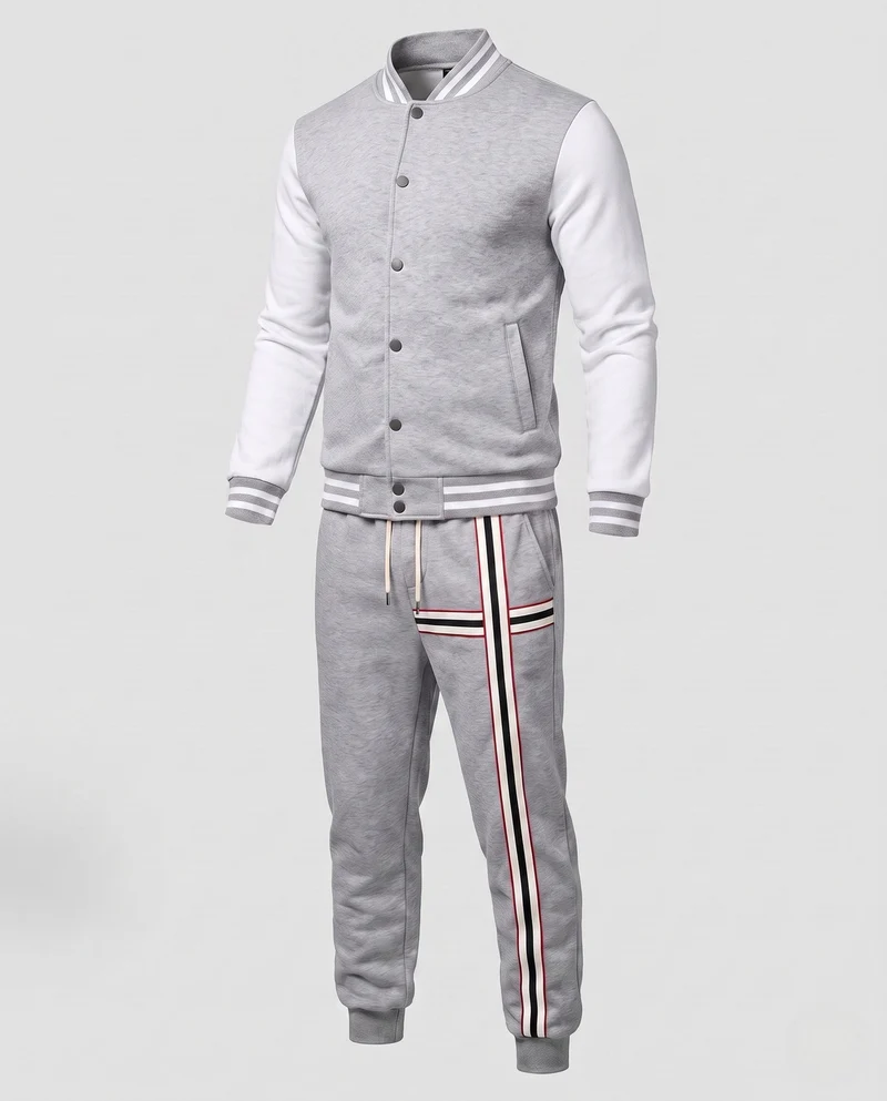 Männliches lässiges Lounge-Set mit College-Bomberjacke und gestreiften Jogginghosen Nord Taschen