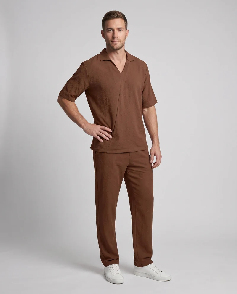 Herren Casual Leinen-Look Loungewear Set mit offener V-Ausschnitt und geraden Loungehosen Nord Taschen