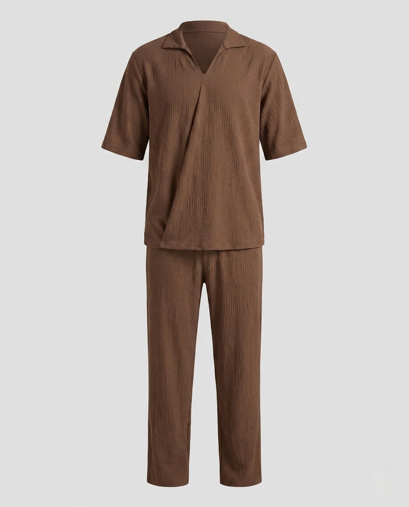 Herren Casual Leinen-Look Loungewear Set mit offener V-Ausschnitt und geraden Loungehosen Nord Taschen