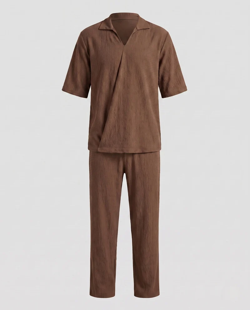 Herren Casual Leinen-Look Loungewear Set mit offener V-Ausschnitt und geraden Loungehosen Nord Taschen