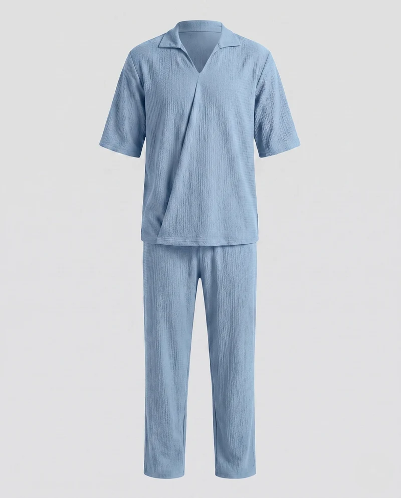Herren Casual Leinen-Look Loungewear Set mit offener V-Ausschnitt und geraden Loungehosen Nord Taschen