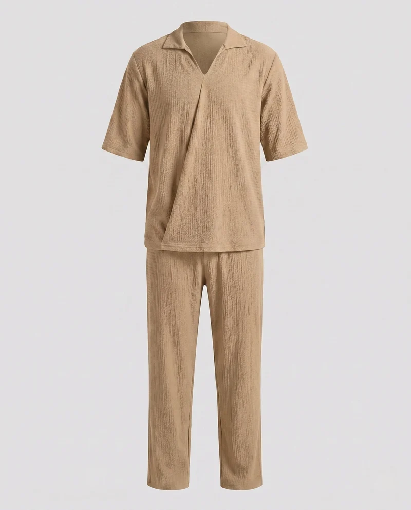 Herren Casual Leinen-Look Loungewear Set mit offener V-Ausschnitt und geraden Loungehosen Nord Taschen