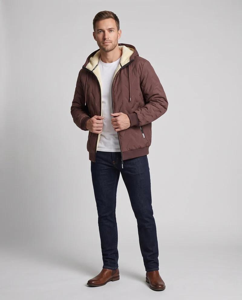 Herren gesteppte Kapuzenjacke Übergangsjacke mit Teddyfutter und winddichter Membran Nord Taschen