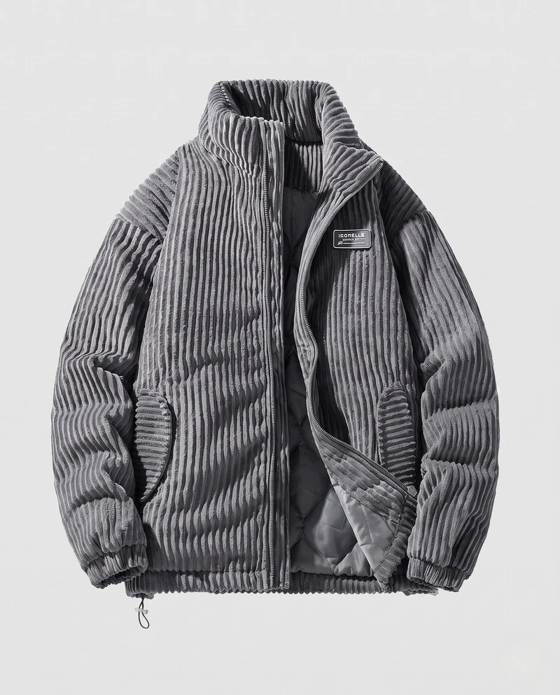 Herren gesteppte Kordfleecë Übergangsjacke mit thermischer Fütterung, hohem Stehkragen & Kordelzug Nord Taschen