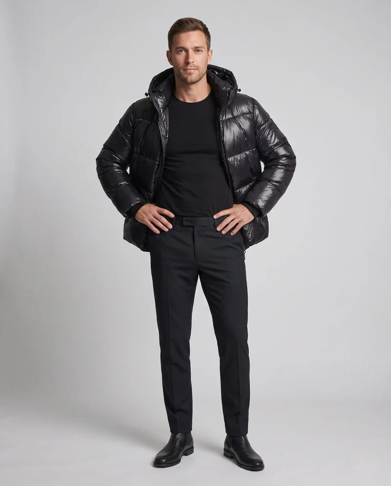 Herren glänzende gesteppte Winterjacke mit Kapuze, winddichte Außenhülle & Reißverschlusstaschen Nord Taschen