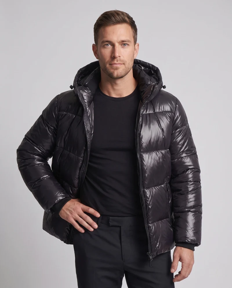 Herren glänzende gesteppte Winterjacke mit Kapuze, winddichte Außenhülle & Reißverschlusstaschen Nord Taschen