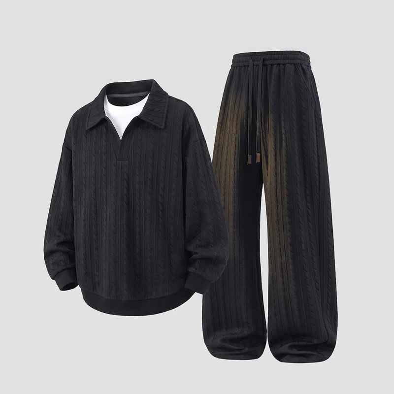 Herren Grobstrick Lounge Set mit Polo-Rücken, halbem Kragen und lockeren Kordelzughosen Nord Taschen