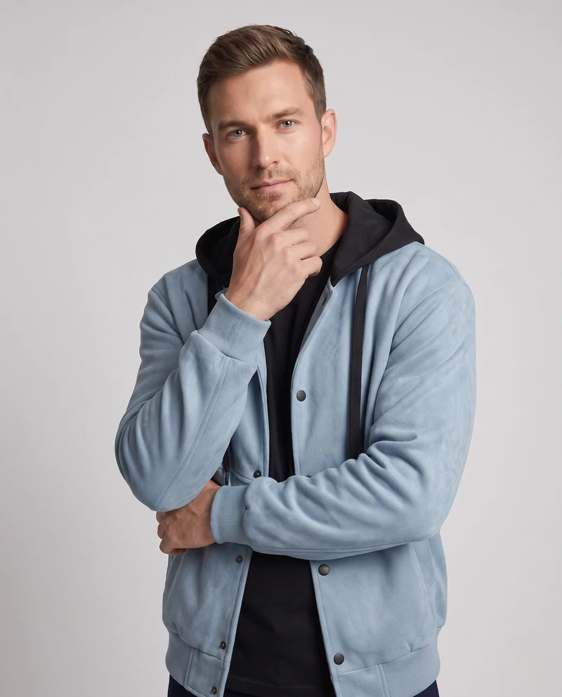 Herren Oversize Wildleder-Look Kapuzen Bomberjacke mit Druckknopf-Front & Rippbündchen Nord Taschen