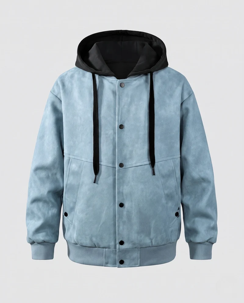 Herren Oversize Wildleder-Look Kapuzen Bomberjacke mit Druckknopf-Front & Rippbündchen Nord Taschen