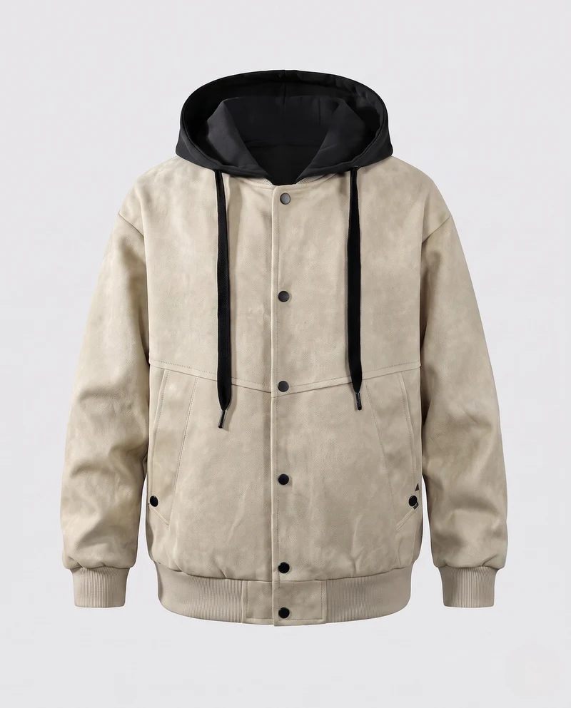Herren Oversize Wildleder-Look Kapuzen Bomberjacke mit Druckknopf-Front & Rippbündchen Nord Taschen