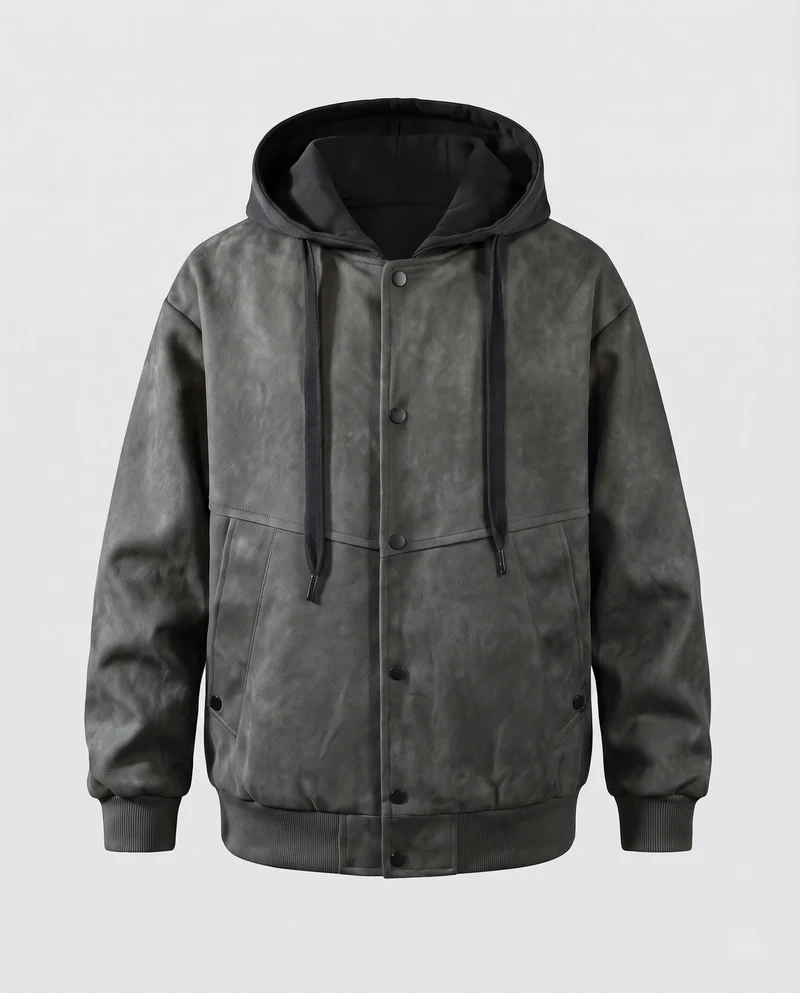 Herren Oversize Wildleder-Look Kapuzen Bomberjacke mit Druckknopf-Front & Rippbündchen Nord Taschen