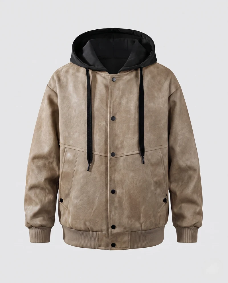 Herren Oversize Wildleder-Look Kapuzen Bomberjacke mit Druckknopf-Front & Rippbündchen Nord Taschen