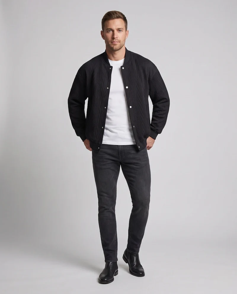 Herren Oversize Strukturierte Gestepptes Bomberjacke mit Kabelstrickmuster, Druckknopfverschluss und Rippbund Nord Taschen