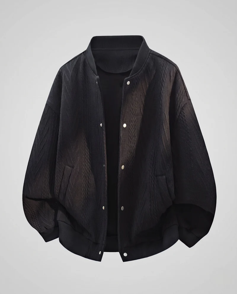 Herren Oversize Strukturierte Gestepptes Bomberjacke mit Kabelstrickmuster, Druckknopfverschluss und Rippbund Nord Taschen