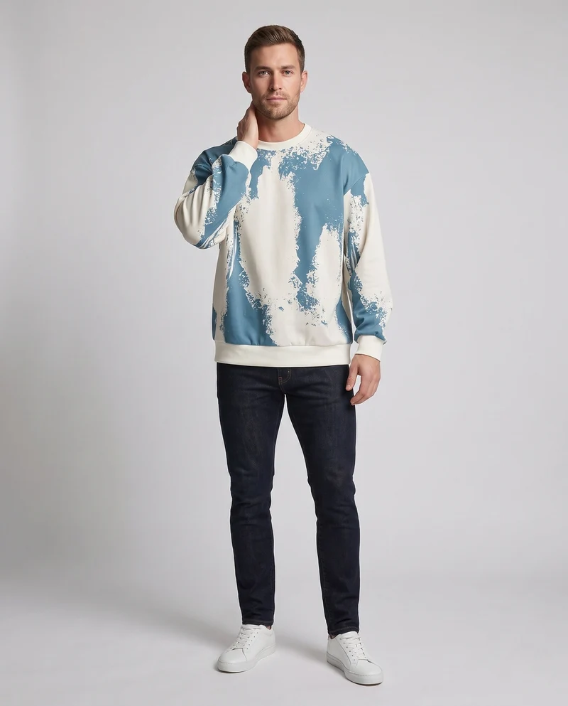 Herren Oversize Sweatshirt mit künstlerischem Sprühdruck & geripptem Saum Nord Taschen