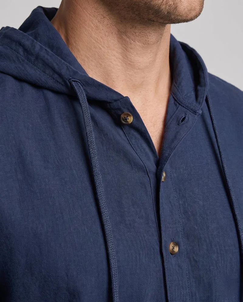 Herren Leichtgewicht Kapuzenhemd-Jacke im Leinen-Look mit Knopfleiste und Kängurutasche Nord Taschen