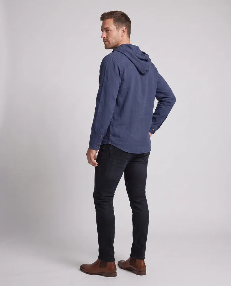 Herren Leichtgewicht Kapuzenhemd-Jacke im Leinen-Look mit Knopfleiste und Kängurutasche Nord Taschen