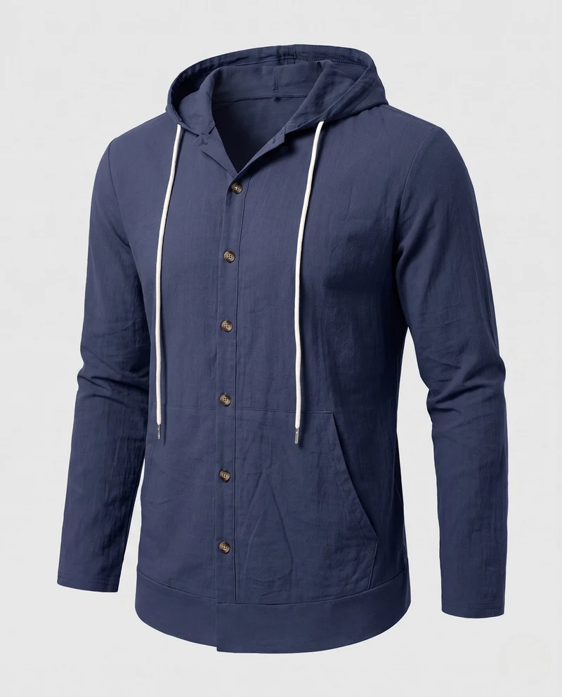 Herren Leichtgewicht Kapuzenhemd-Jacke im Leinen-Look mit Knopfleiste und Kängurutasche Nord Taschen