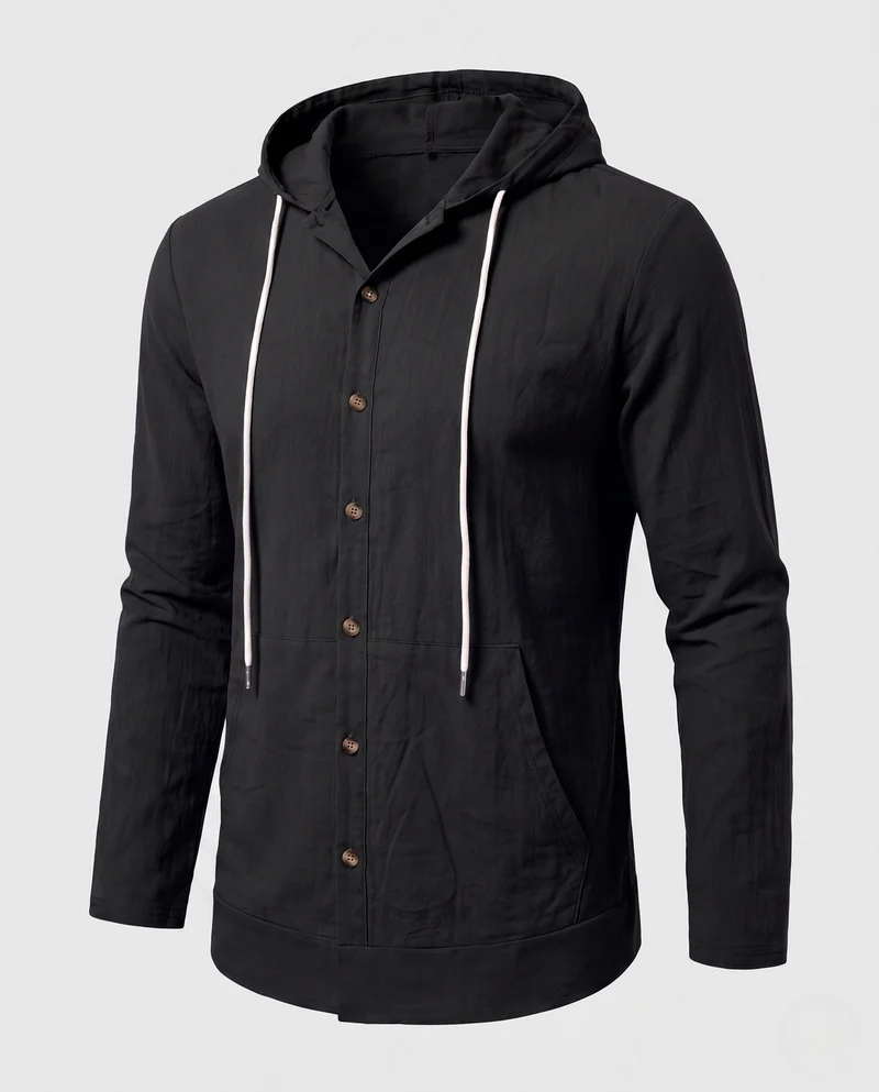 Herren Leichtgewicht Kapuzenhemd-Jacke im Leinen-Look mit Knopfleiste und Kängurutasche Nord Taschen