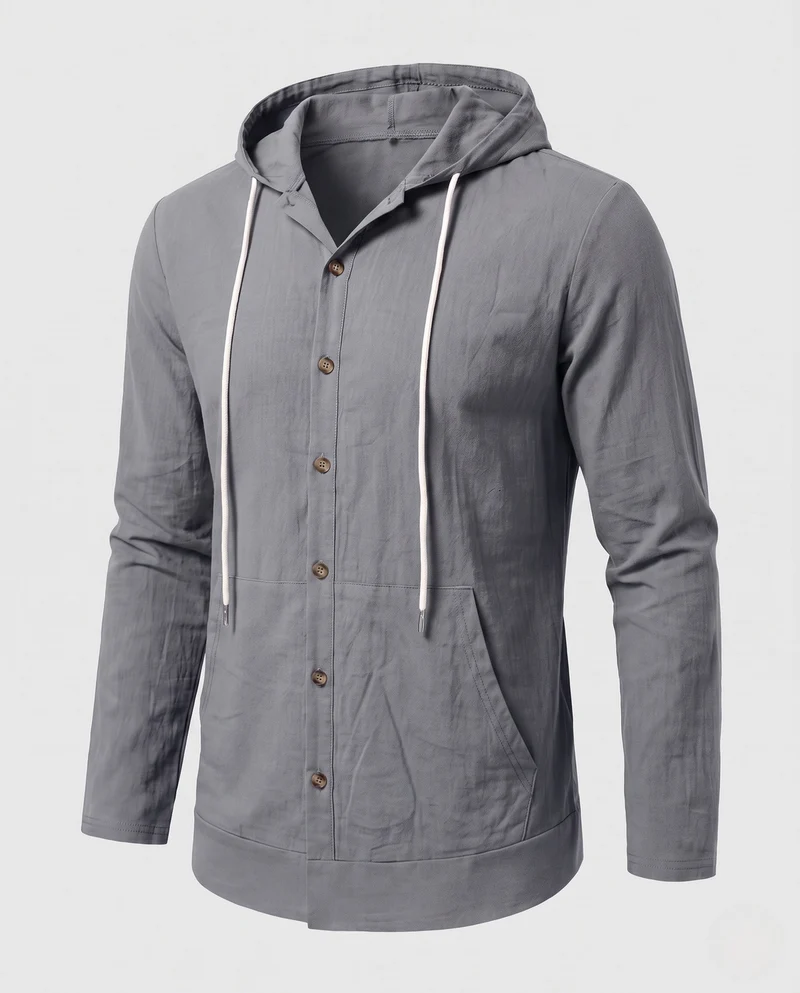 Herren Leichtgewicht Kapuzenhemd-Jacke im Leinen-Look mit Knopfleiste und Kängurutasche Nord Taschen