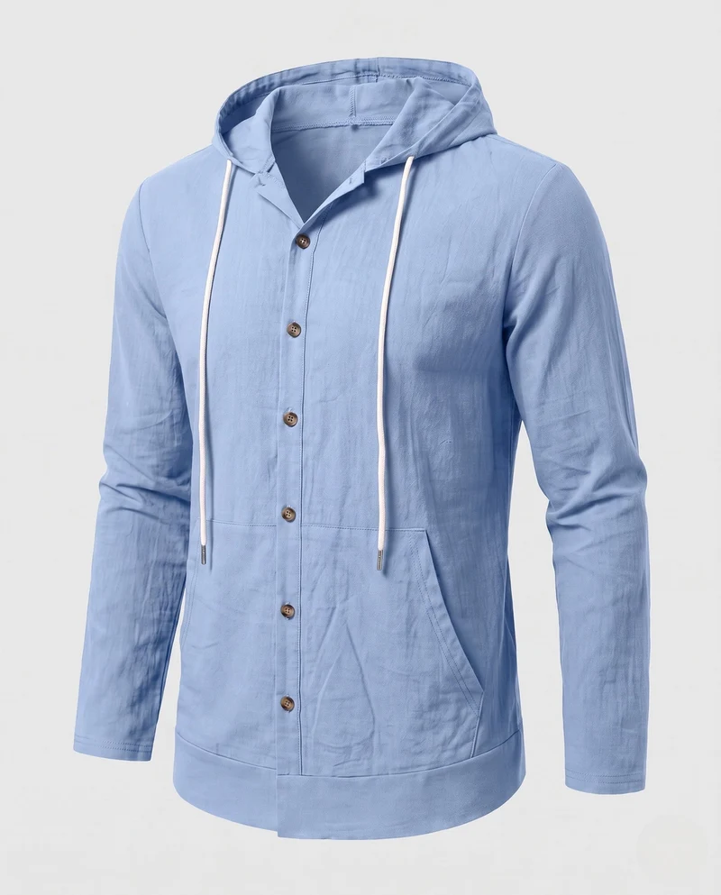 Herren Leichtgewicht Kapuzenhemd-Jacke im Leinen-Look mit Knopfleiste und Kängurutasche Nord Taschen