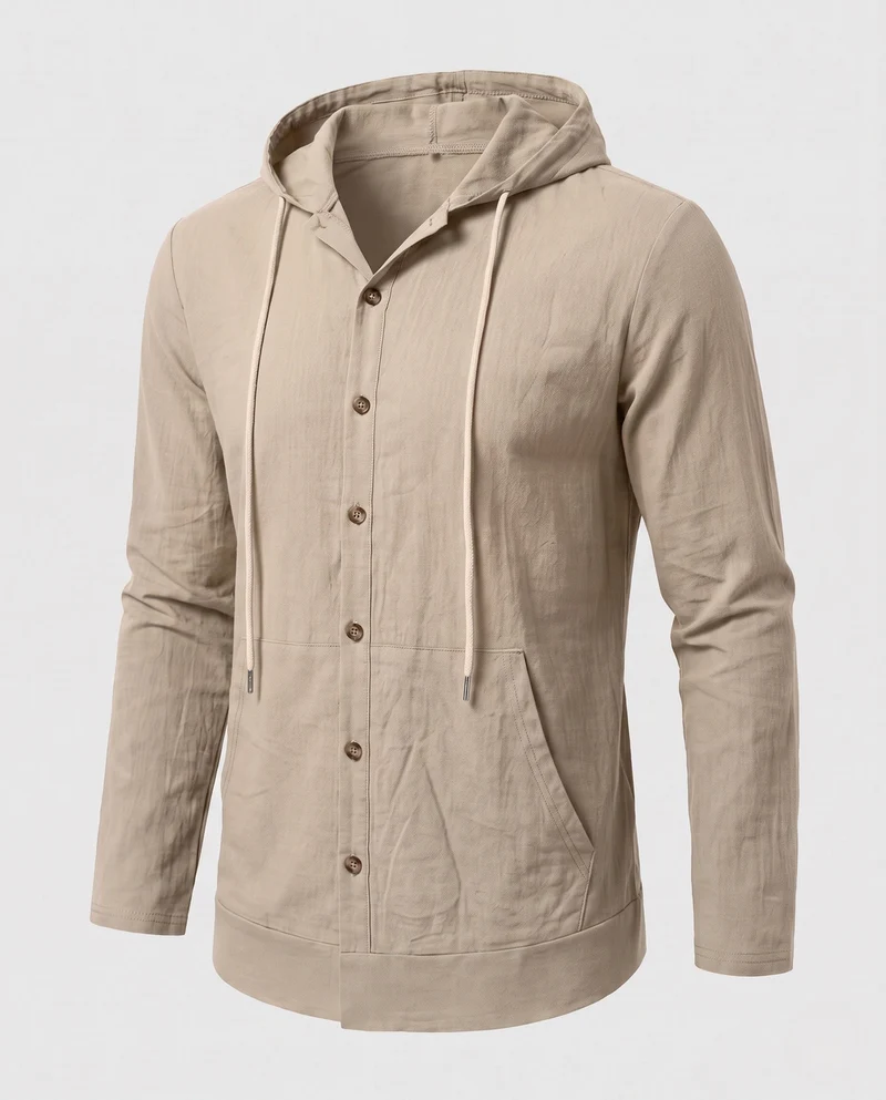 Herren Leichtgewicht Kapuzenhemd-Jacke im Leinen-Look mit Knopfleiste und Kängurutasche Nord Taschen