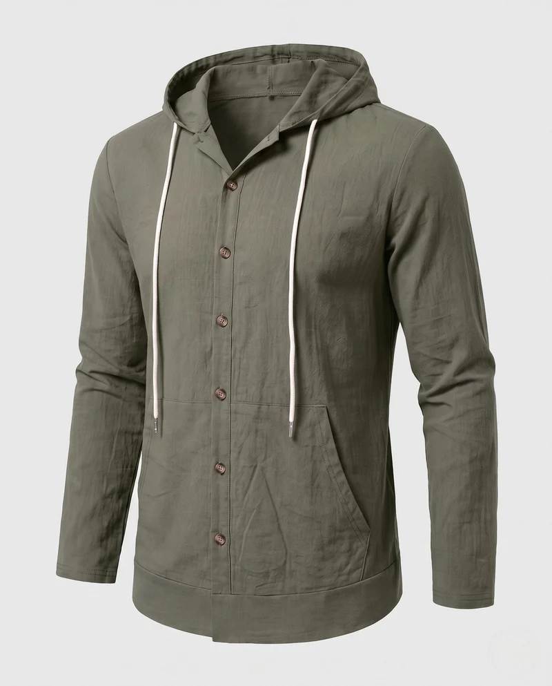 Herren Leichtgewicht Kapuzenhemd-Jacke im Leinen-Look mit Knopfleiste und Kängurutasche Nord Taschen