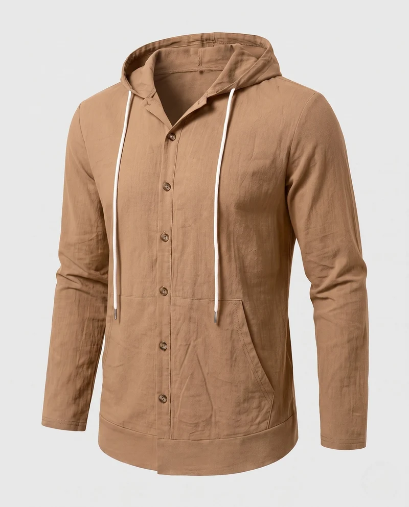 Herren Leichtgewicht Kapuzenhemd-Jacke im Leinen-Look mit Knopfleiste und Kängurutasche Nord Taschen