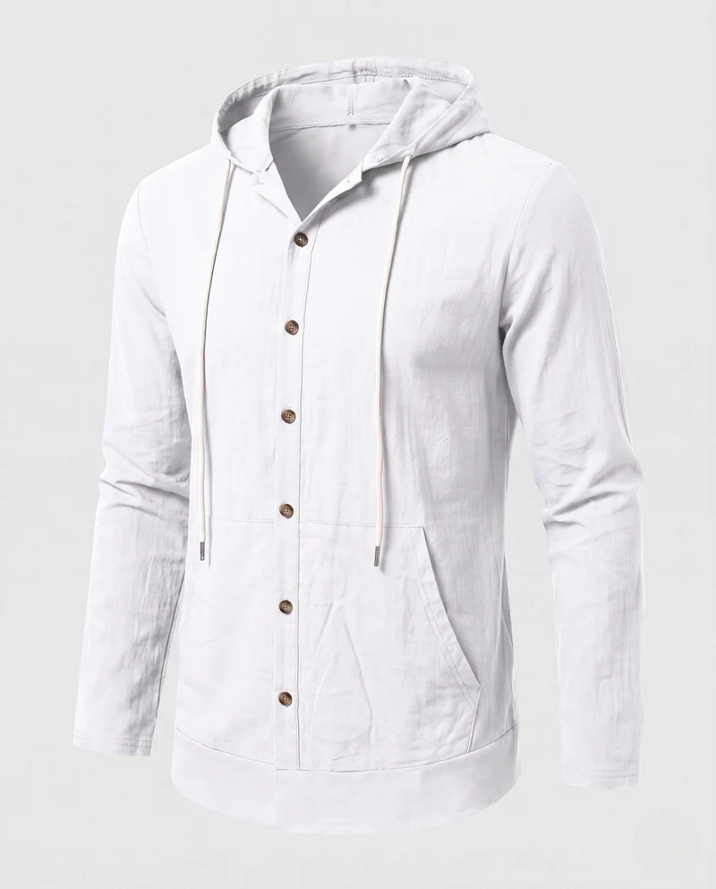 Herren Leichtgewicht Kapuzenhemd-Jacke im Leinen-Look mit Knopfleiste und Kängurutasche Nord Taschen