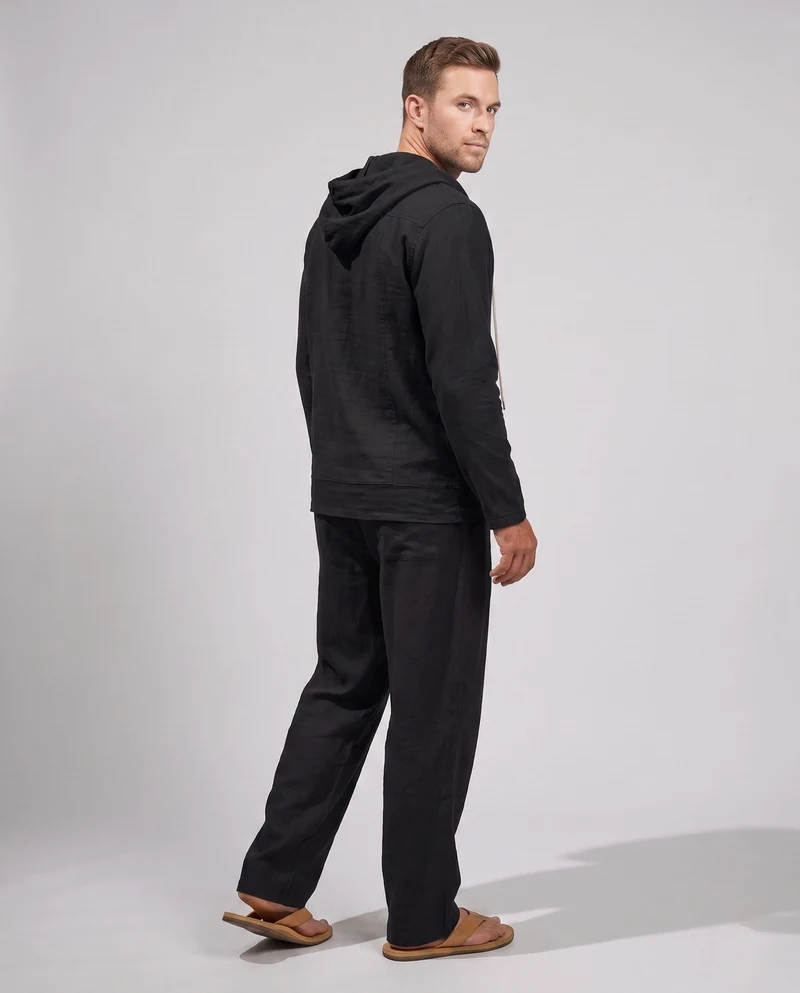 Herren Casual Leinen Lounge Set mit Kapuze Henley und geraden lässigen Hosen Nord Taschen
