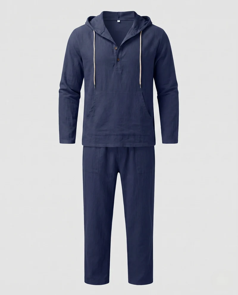 Herren Casual Leinen Lounge Set mit Kapuze Henley und geraden lässigen Hosen Nord Taschen