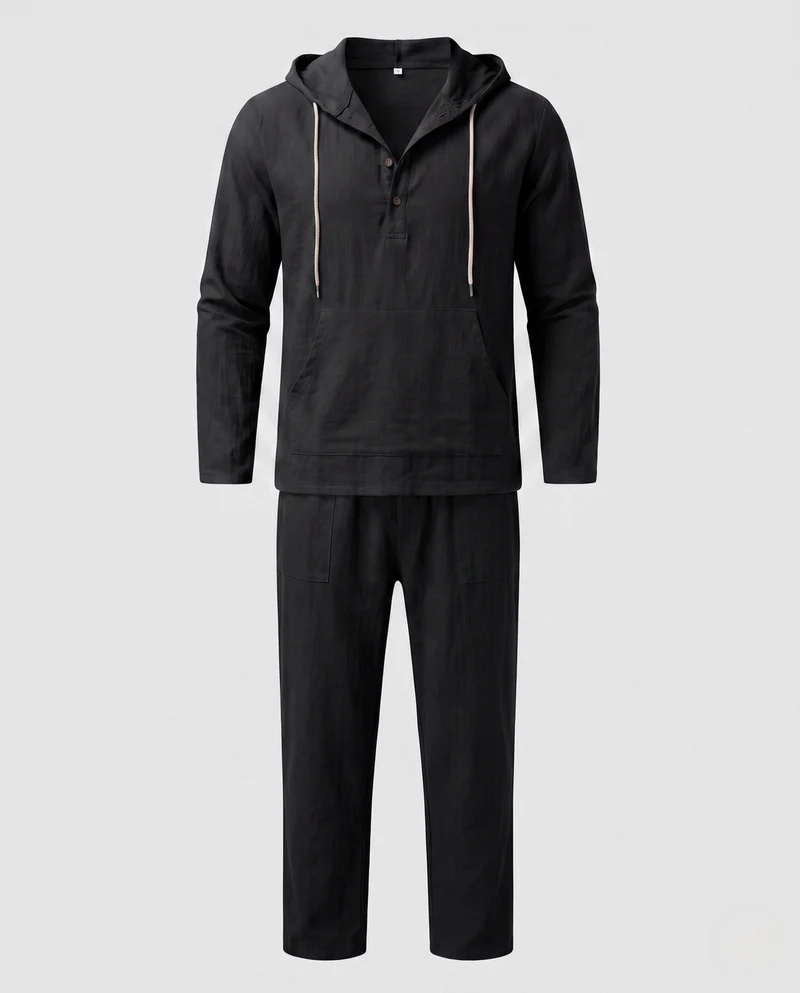 Herren Casual Leinen Lounge Set mit Kapuze Henley und geraden lässigen Hosen Nord Taschen