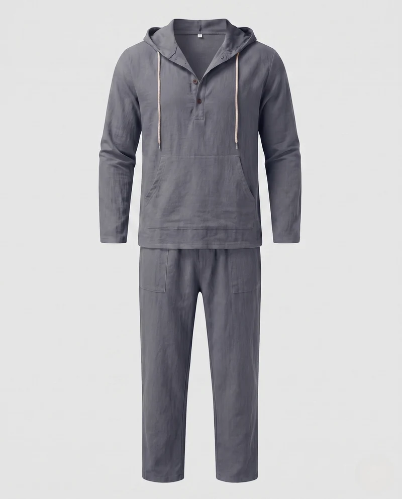 Herren Casual Leinen Lounge Set mit Kapuze Henley und geraden lässigen Hosen Nord Taschen