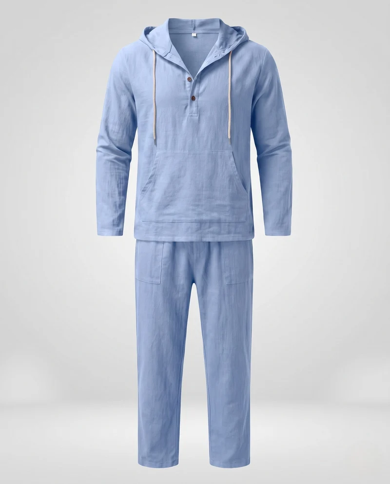 Herren Casual Leinen Lounge Set mit Kapuze Henley und geraden lässigen Hosen Nord Taschen