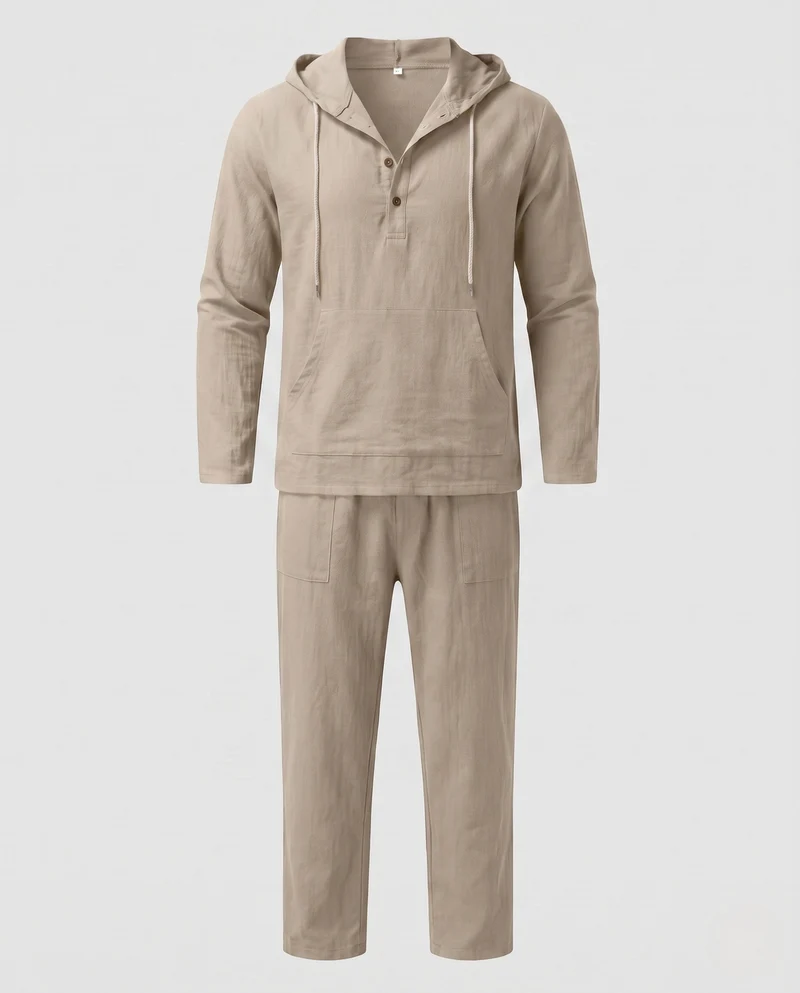 Herren Casual Leinen Lounge Set mit Kapuze Henley und geraden lässigen Hosen Nord Taschen