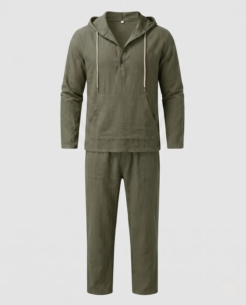 Herren Casual Leinen Lounge Set mit Kapuze Henley und geraden lässigen Hosen Nord Taschen