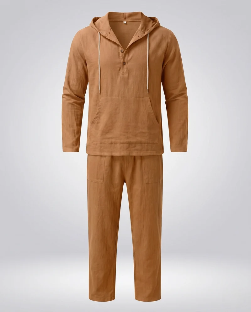 Herren Casual Leinen Lounge Set mit Kapuze Henley und geraden lässigen Hosen Nord Taschen