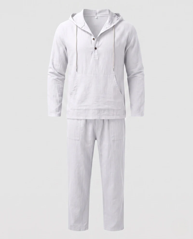 Herren Casual Leinen Lounge Set mit Kapuze Henley und geraden lässigen Hosen Nord Taschen