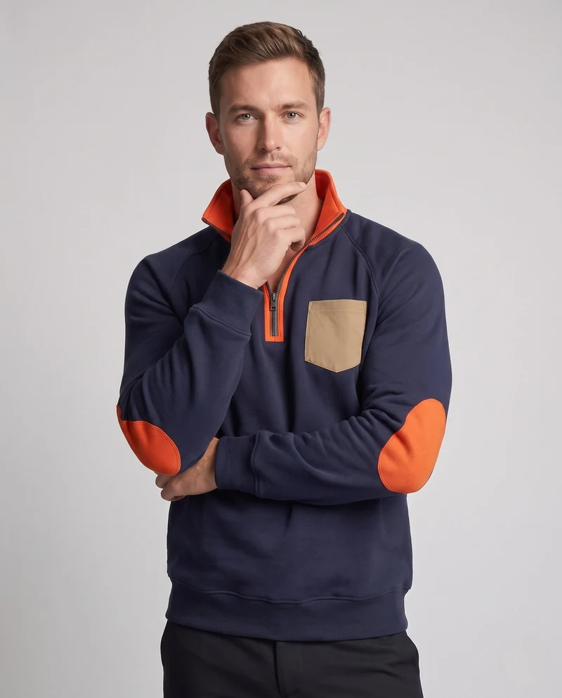 Herren Halbzip Sweatshirt mit Stehkragen, Kontrastdetails & Ellbogenpatches Nord Taschen