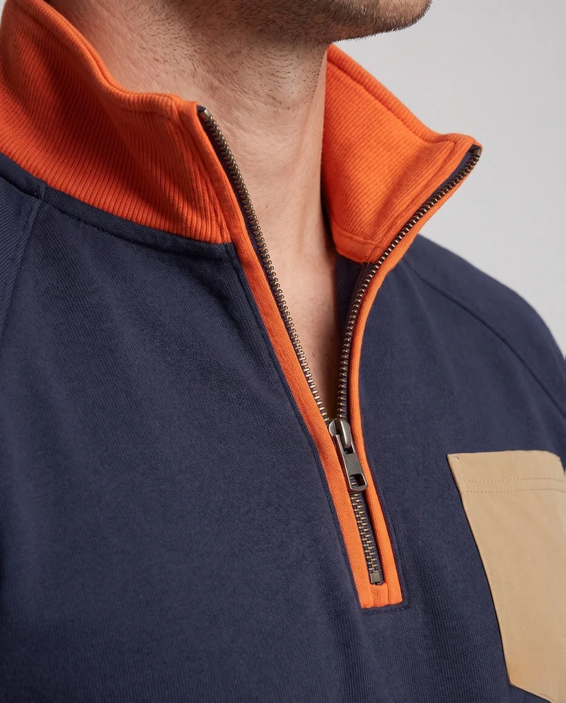 Herren Halbzip Sweatshirt mit Stehkragen, Kontrastdetails & Ellbogenpatches Nord Taschen