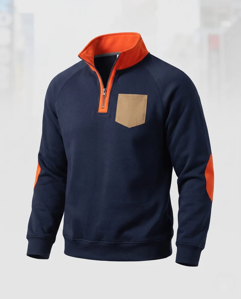 Herren Halbzip Sweatshirt mit Stehkragen, Kontrastdetails & Ellbogenpatches Nord Taschen