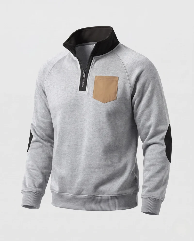 Herren Halbzip Sweatshirt mit Stehkragen, Kontrastdetails & Ellbogenpatches Nord Taschen