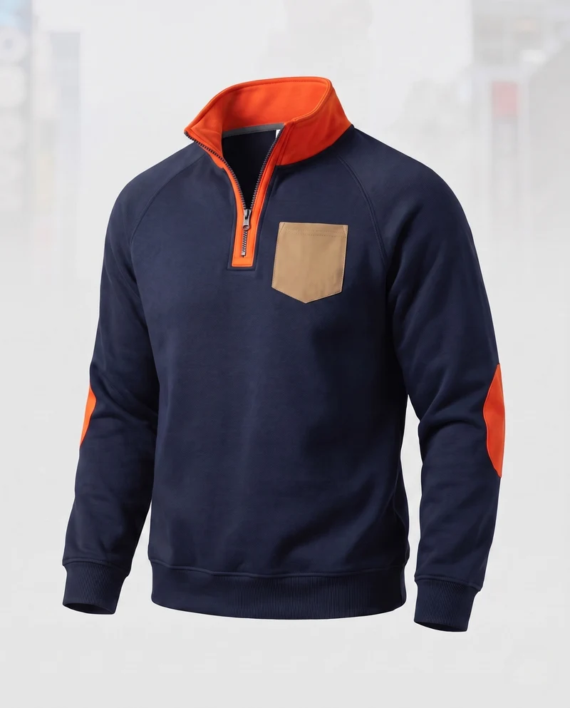 Herren Halbzip Sweatshirt mit Stehkragen, Kontrastdetails & Ellbogenpatches Nord Taschen